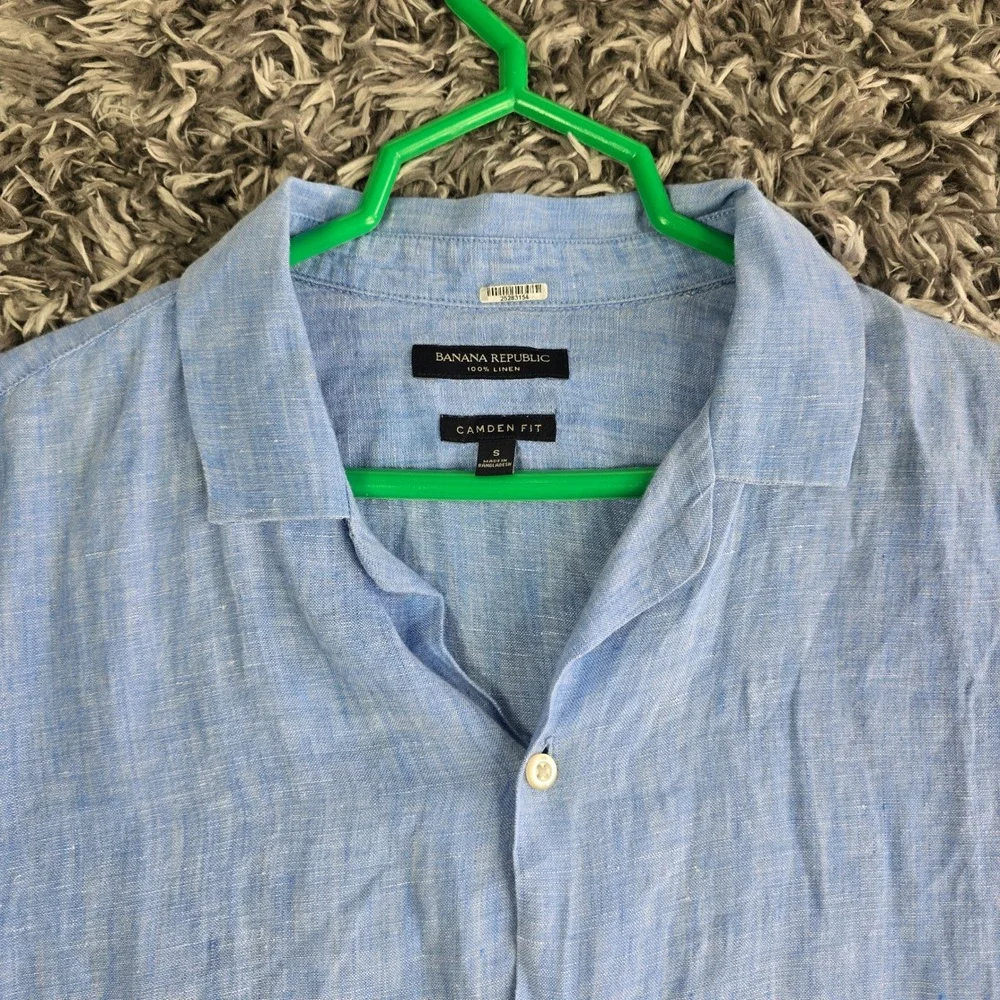 Banana Republic Mens Camden Fit 100% Linen Short Sleeve Button Up Shirt Blue S